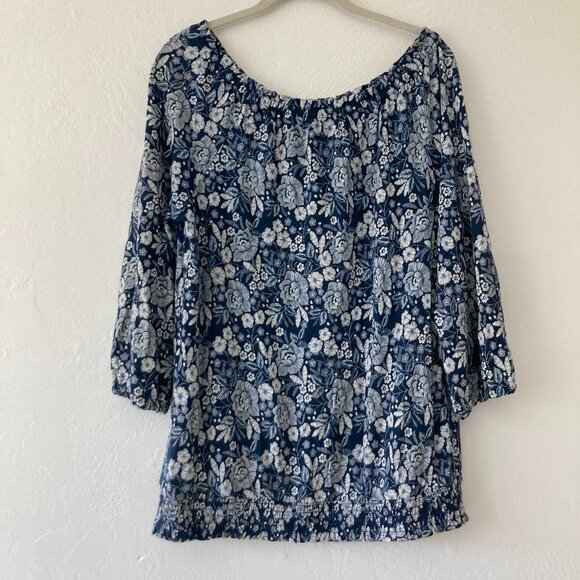 J. Jill Floral Long Sleeve Tunic Top Navy Smocked Boat Neck Office Spring Medium - Picture 1 of 11
